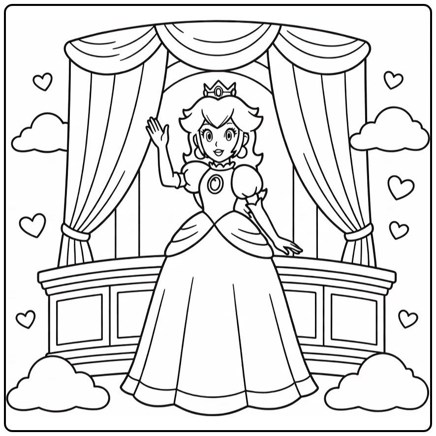 Princess Peach kleurplaat: wuivende prinses op balkon met harten