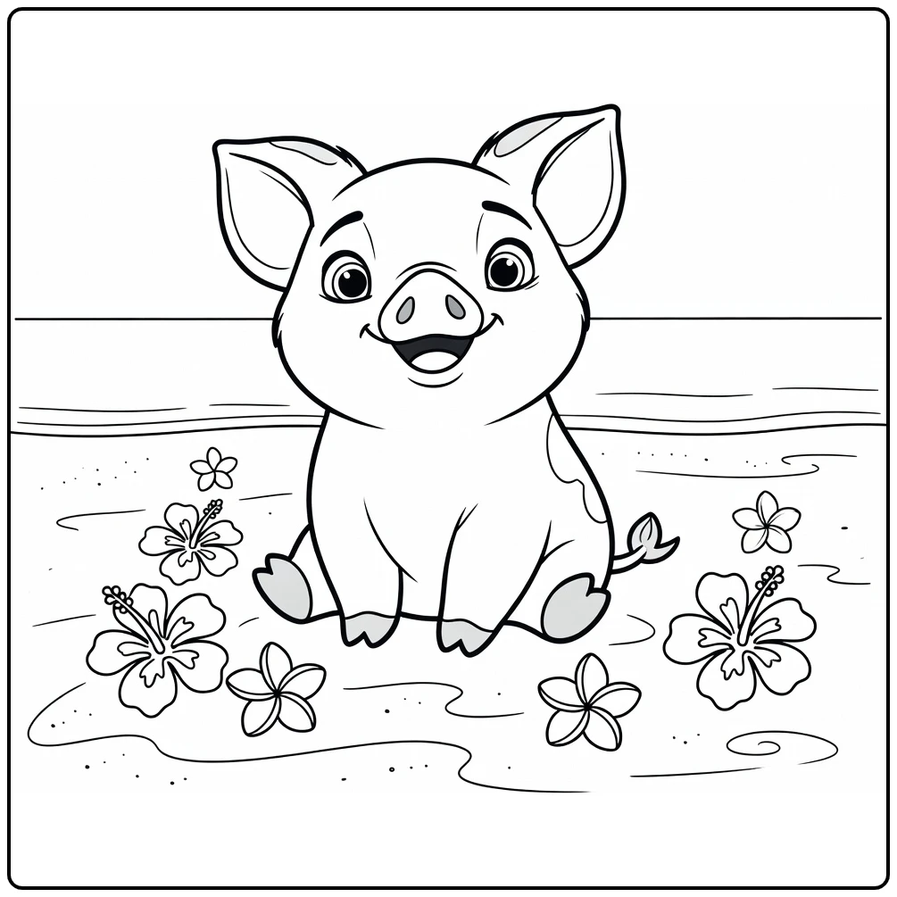 Pua Kleurplaat: vrolijke Pua op strand met bloemen