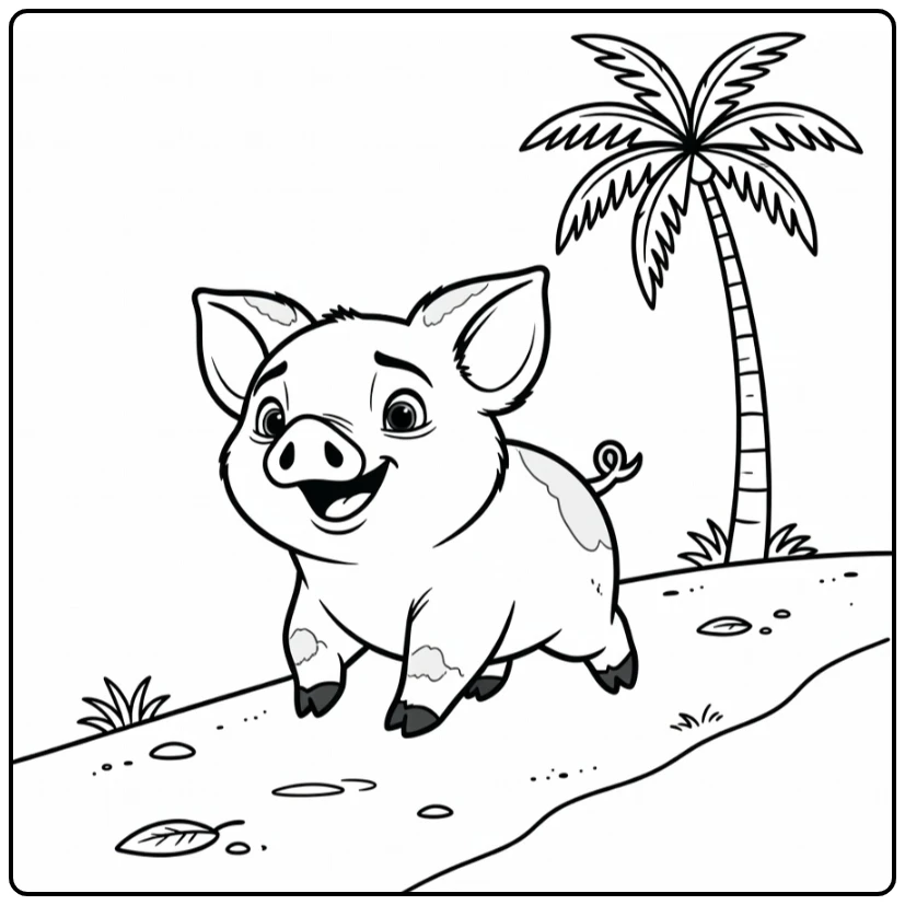 Pua Kleurplaat: speelse Pua op zandpad met palm