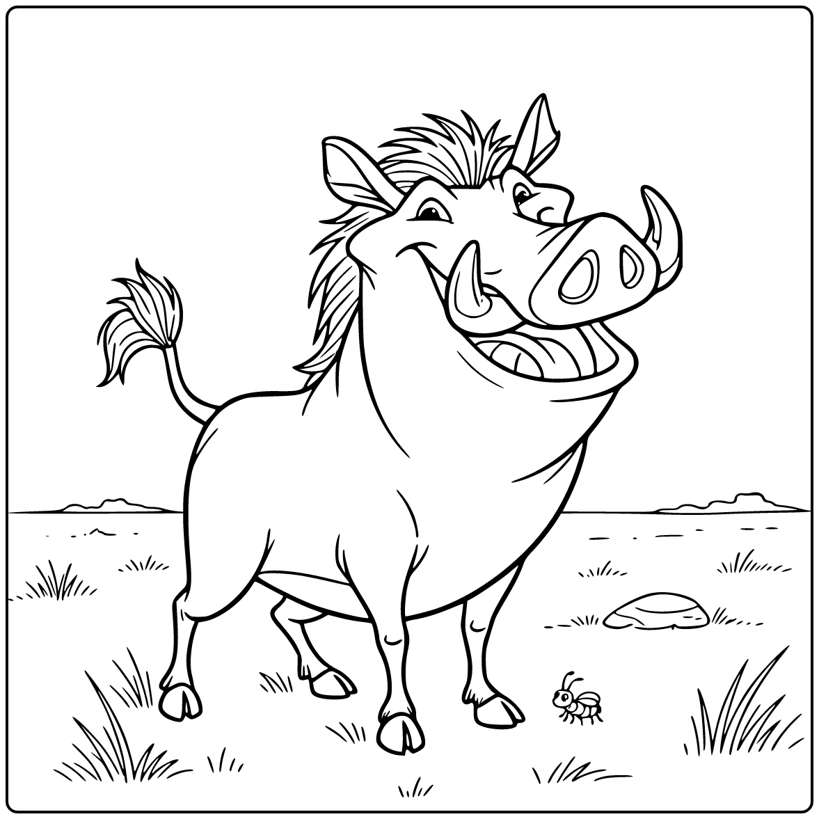 Pumbaa kleurplaat van Pumbaa in open veld met grasrand