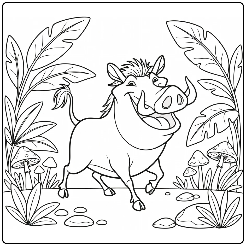 Pumbaa kleurplaat: vrolijke Pumbaa loopt door jungle met staart omhoog
