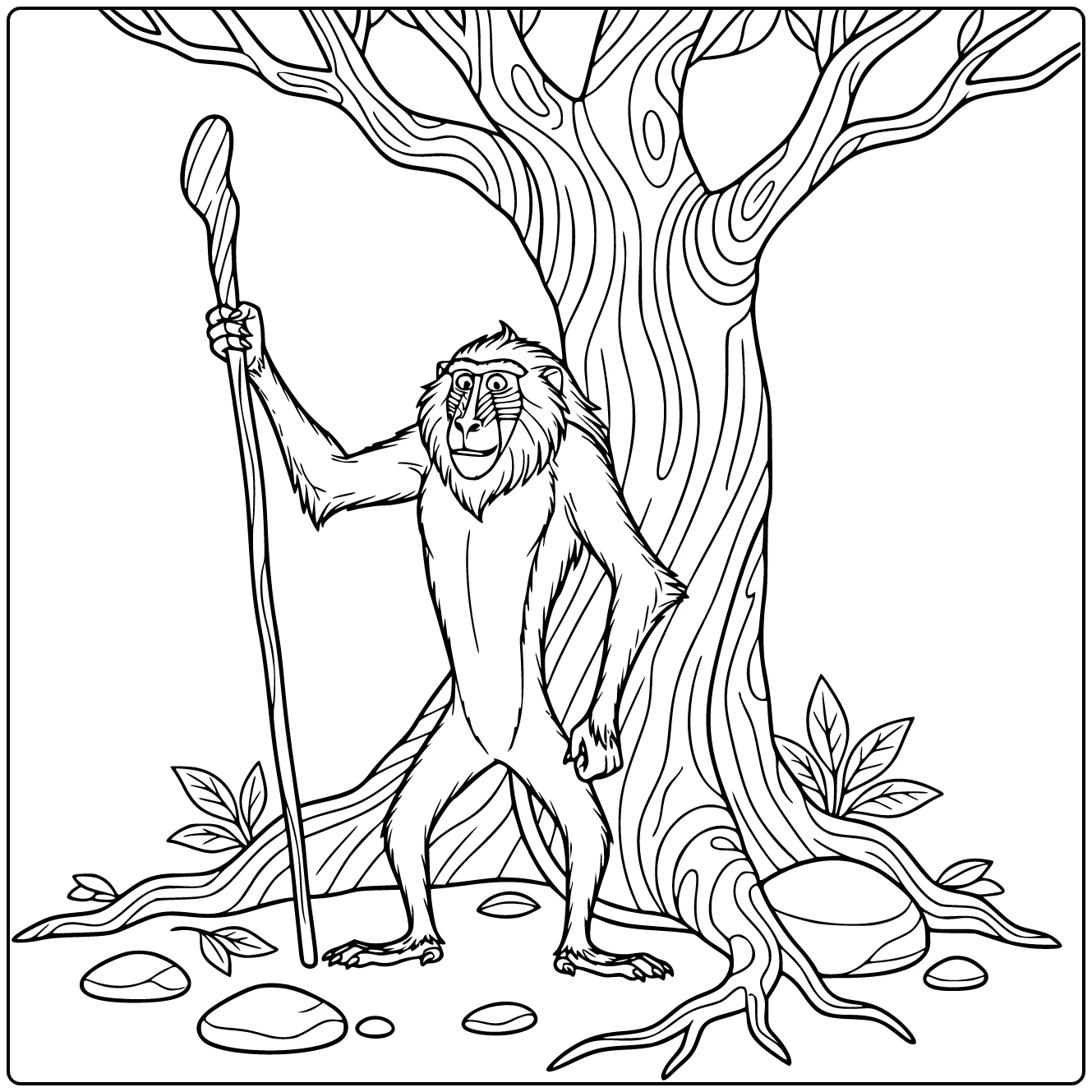 Rafiki kleurplaat: wijze mandril geeft raad bij boom