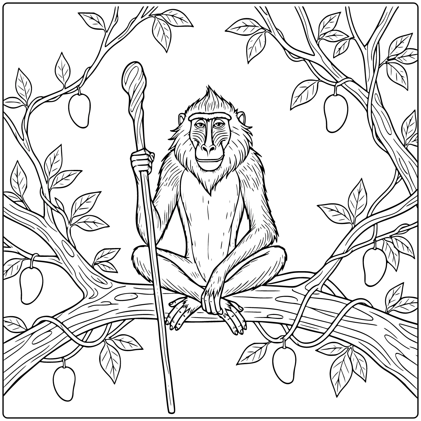 Rafiki kleurplaat met stok op boomtak, kalme blik