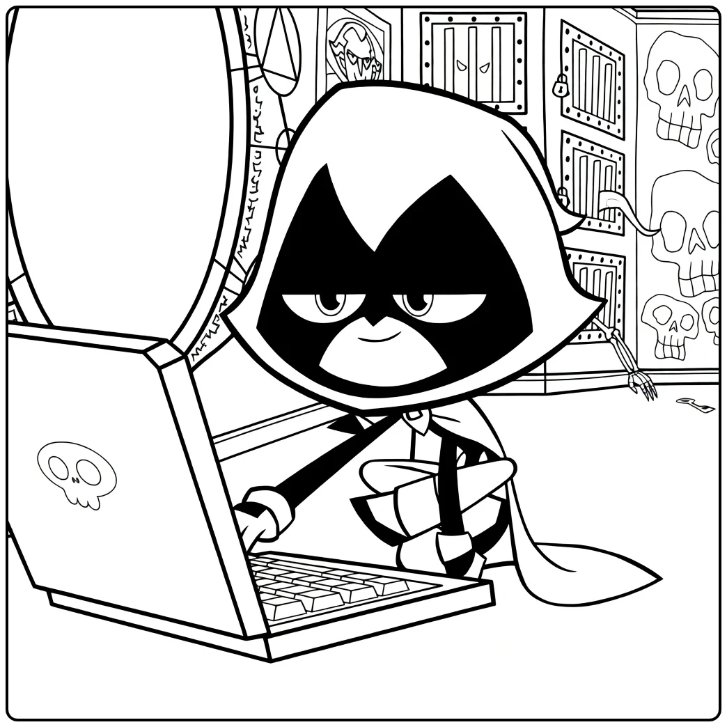 Raven Kleurplaat: Raven typt op laptop met schedels