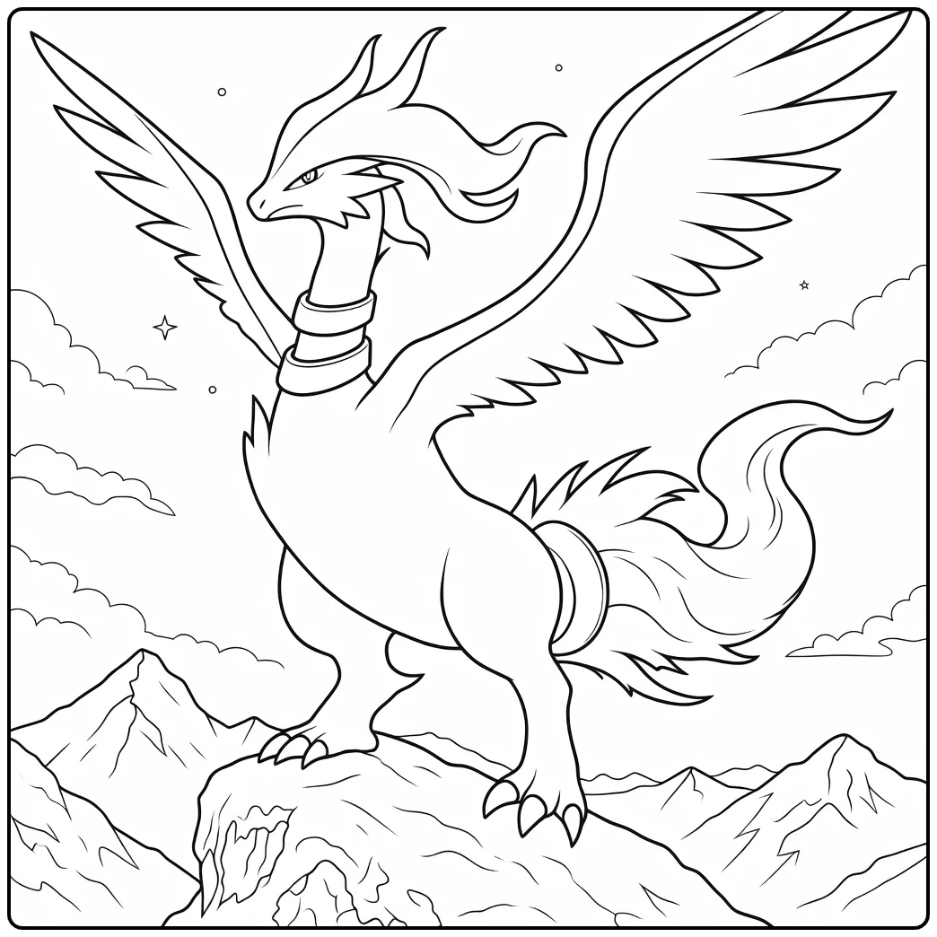 Reshiram pokemon vuur kleurplaat met uitgespreide vleugels op rots