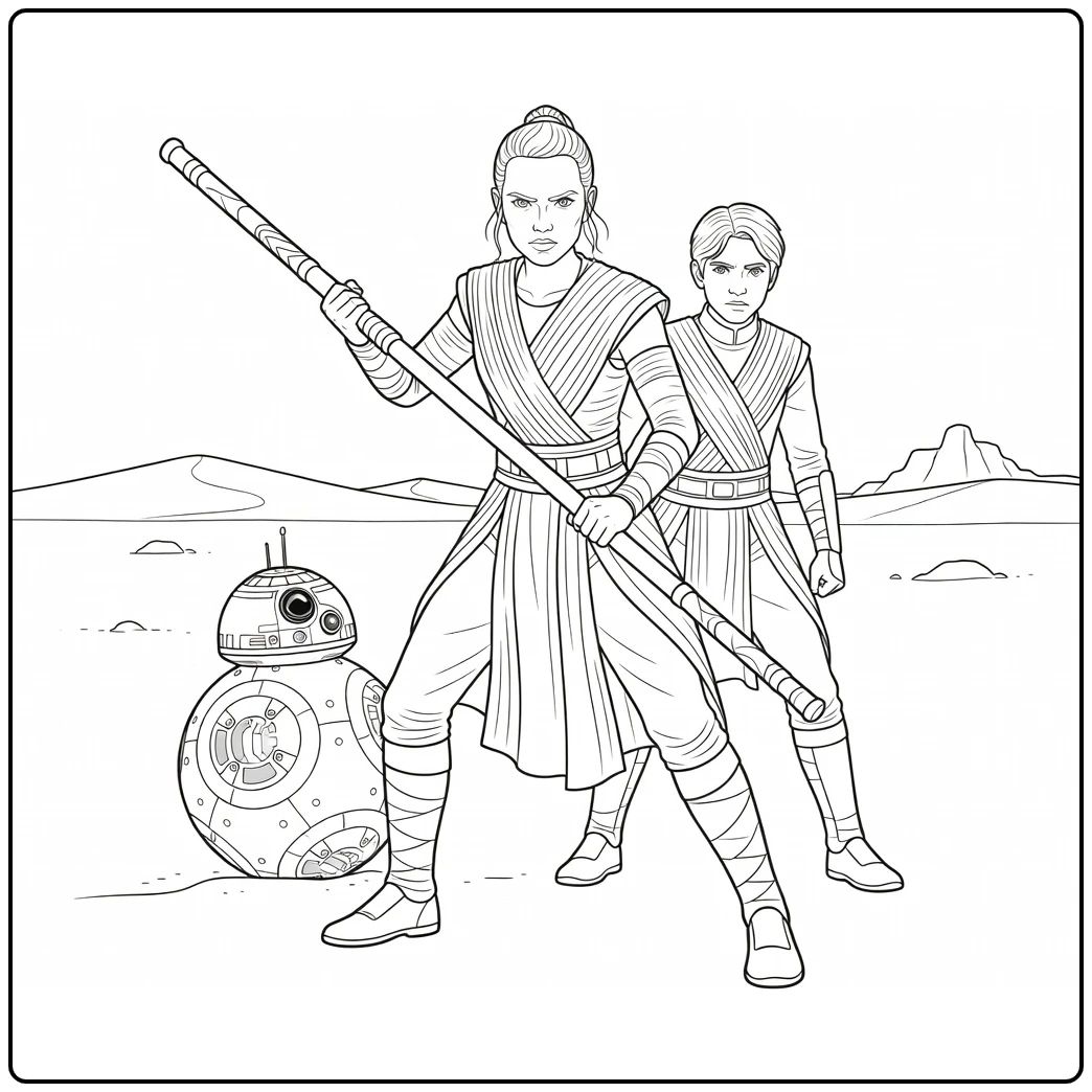 Star Wars kleurplaat Rey met staf, BB-8 en Finn woestijn