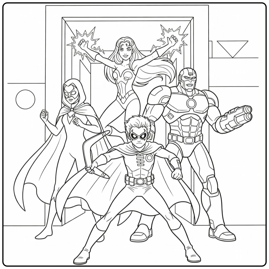 Teen Titans kleurplaat Robin centraal staand