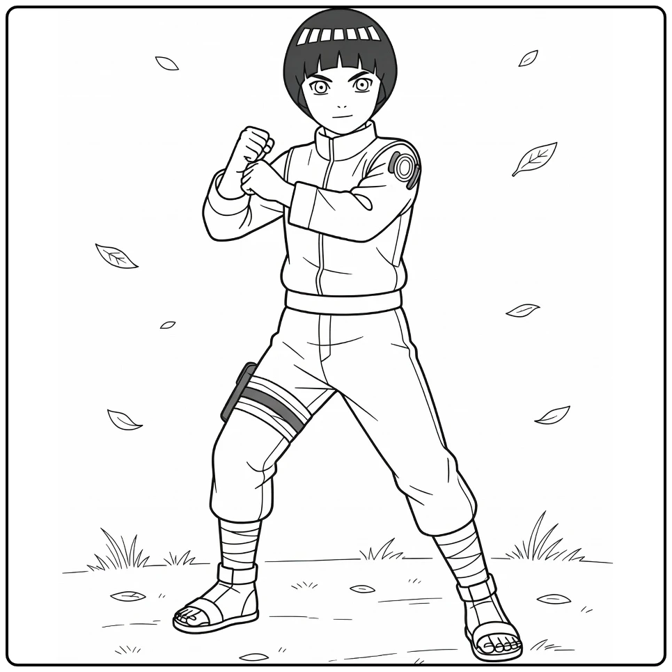 Rock Lee Kleurplaat met trotse pose, bolkapsel en ninja outfit