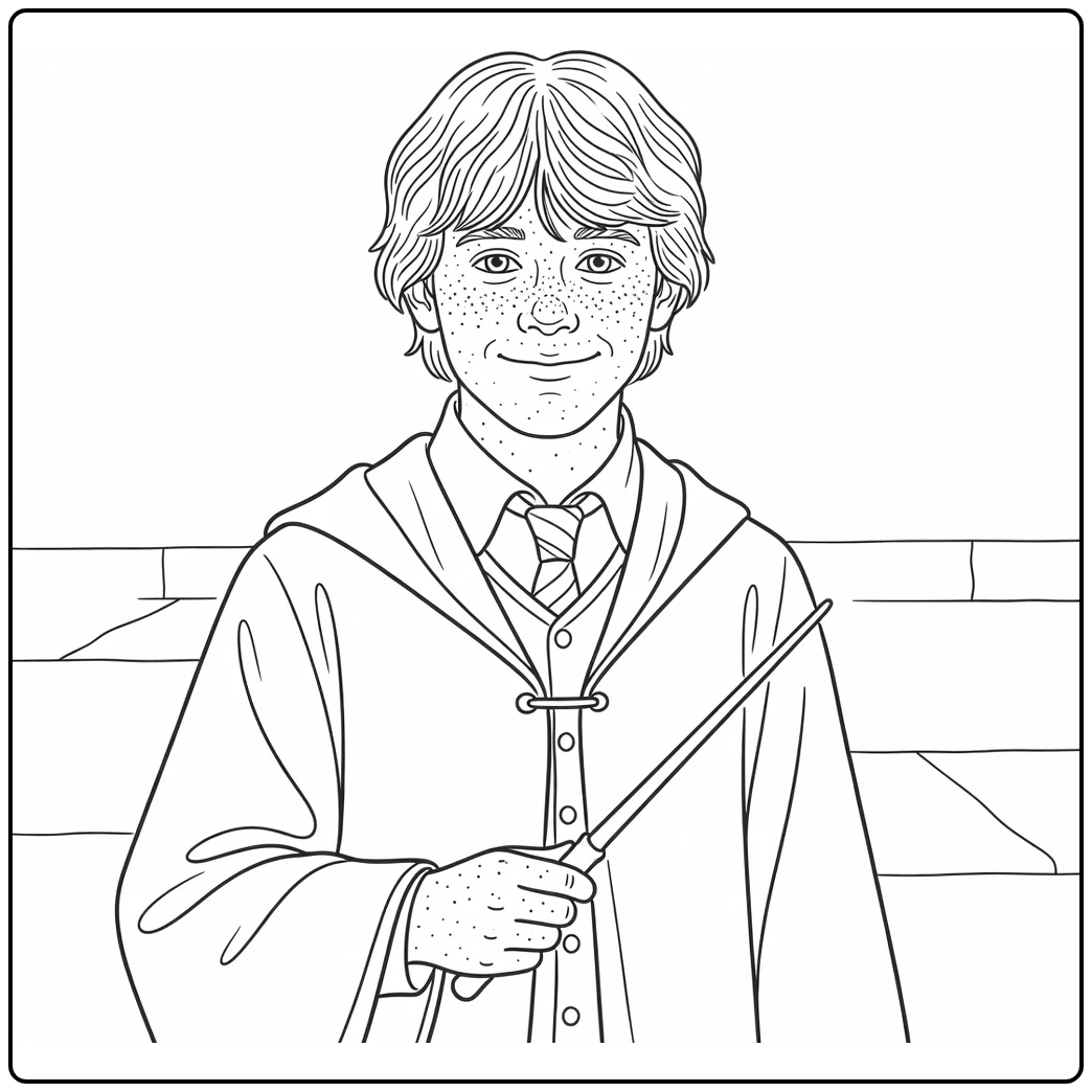 Ron Weasley Kleurplaat: sproetig gezicht, rood haar, toverstaf