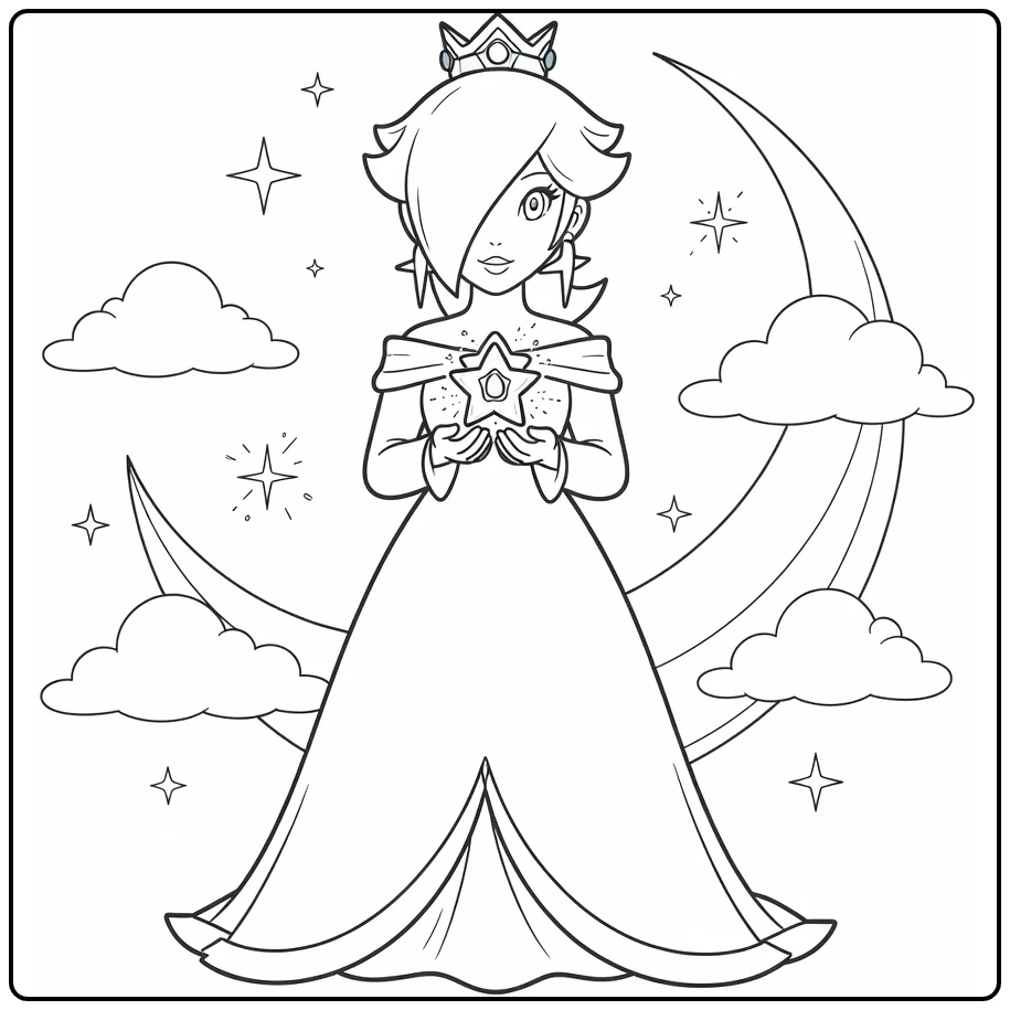Rosalina kleurplaat met ster, wolken en maanboog