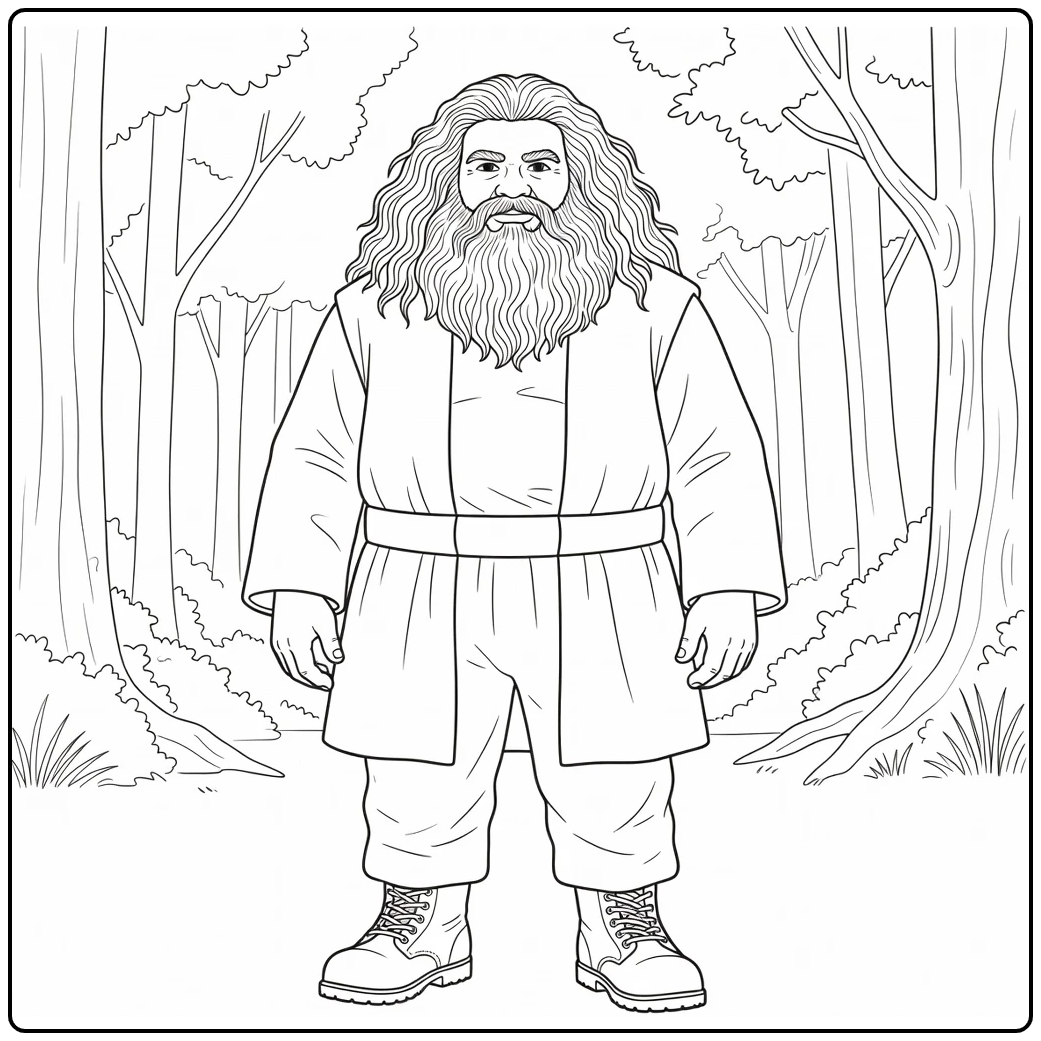 Rubeus Hagrid Kleurplaat: reus met borstelige baard en laarzen