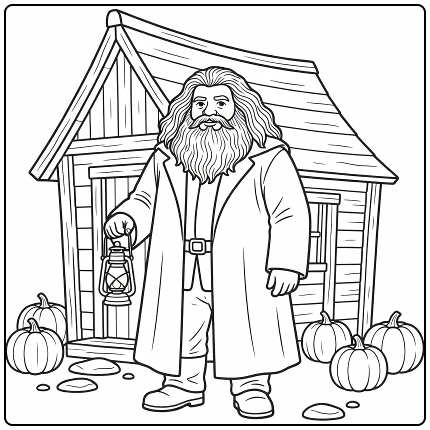 Rubeus Hagrid Kleurplaat bij Hogwarts hut met lantaarn