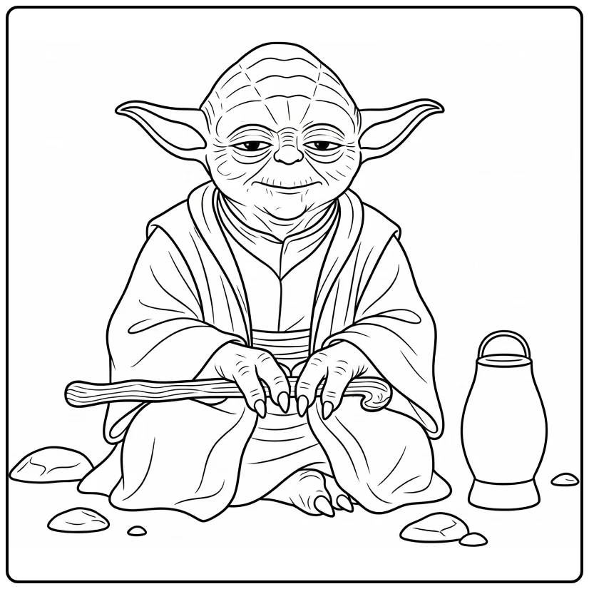 Yoda kleurplaat: rustende Yoda met stok en lantaarn