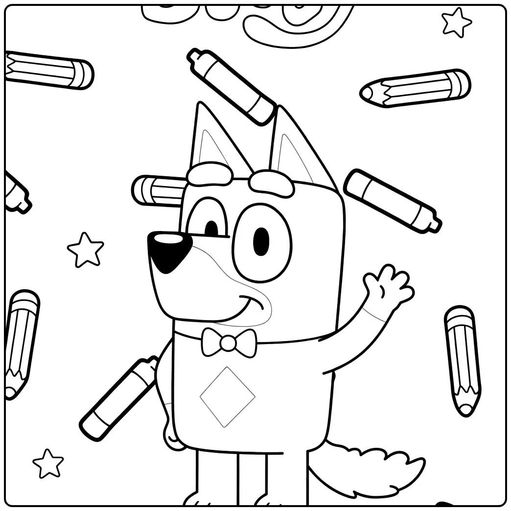 Rusty Bluey Kleurplaat: Bluey zwaait met stiften