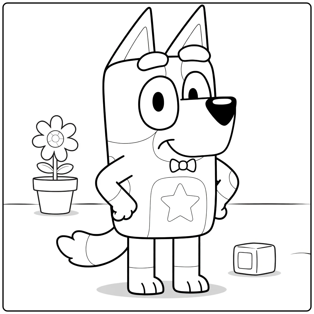 Rusty Bluey Kleurplaat: Rusty met bril, vlinderdas en bloempot
