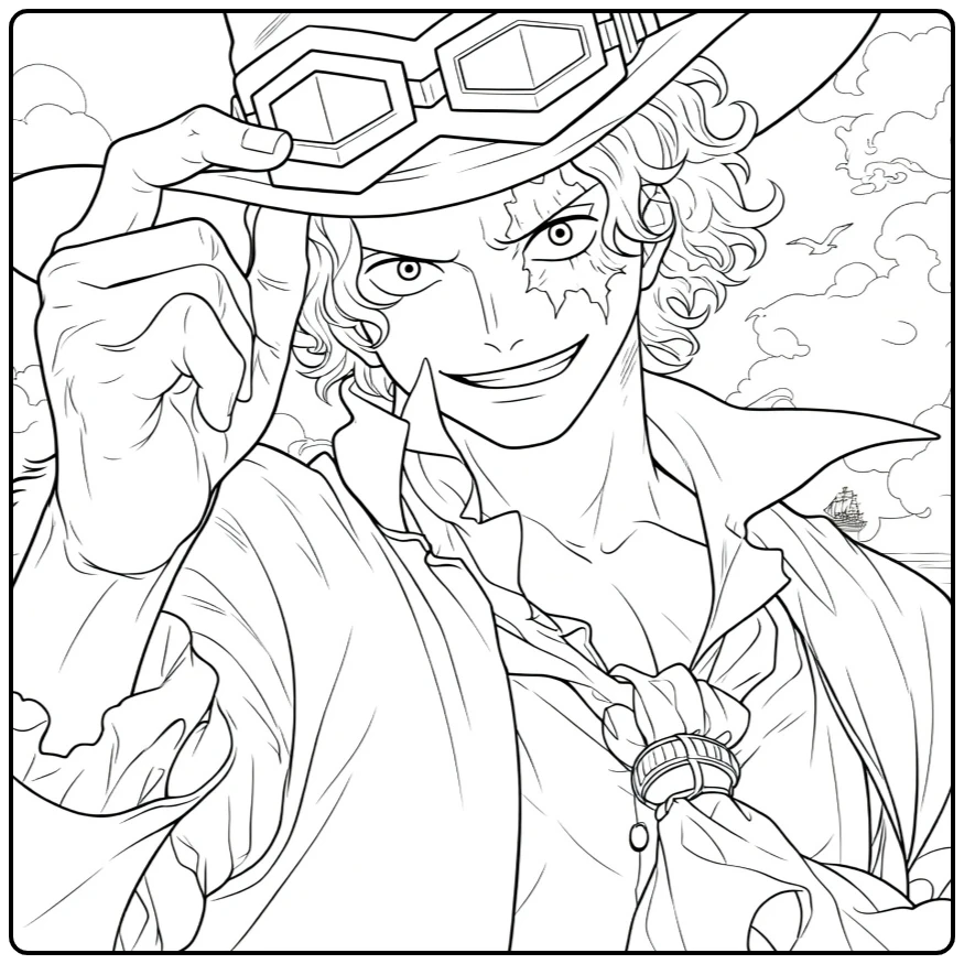 Sabo kleurplaat One Piece: hoed, goggles, litteken, schip