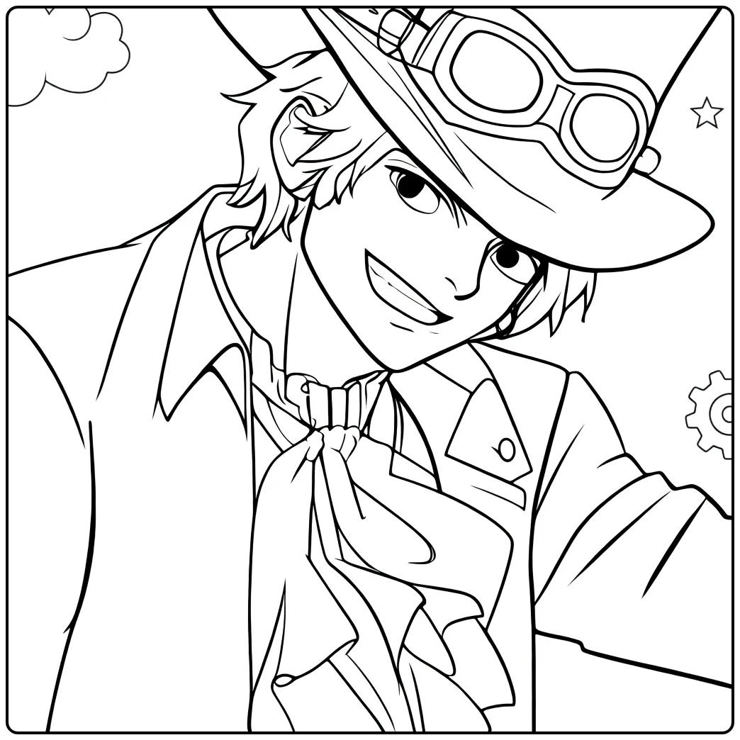 Sabo kleurplaat: stoere jongen met cylinderhoed en goggles