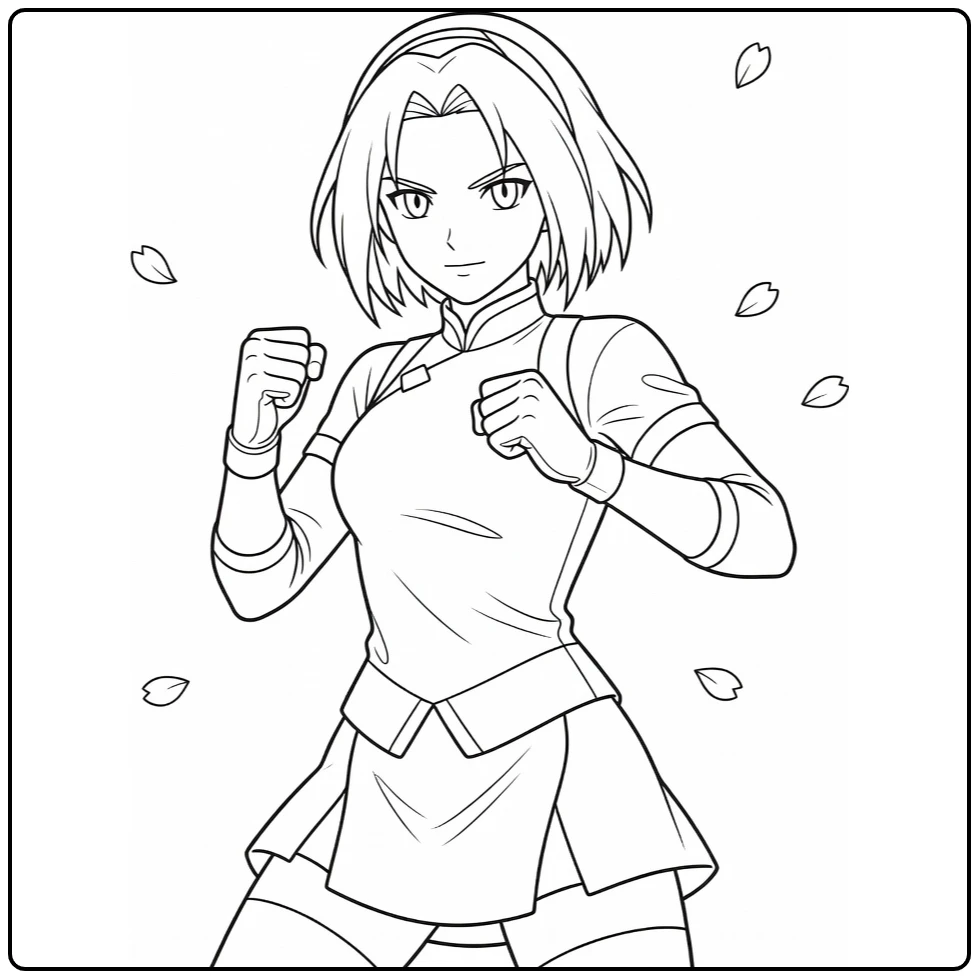 Sakura Kleurplaat: strijdpose vuisten omhoog met bloesems