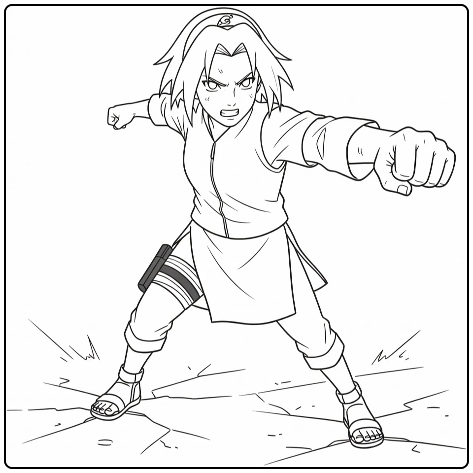 Sakura Kleurplaat: Sakura Haruno krachtige vuistpose gefocust