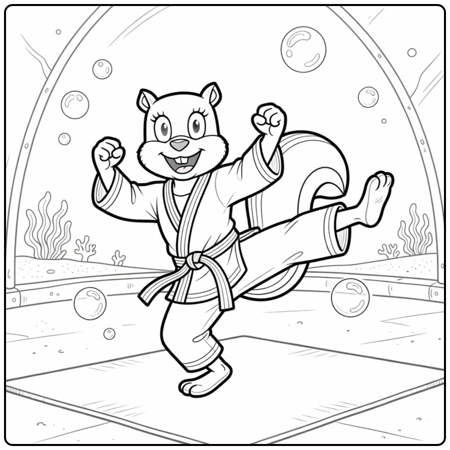 Sandy Cheeks Kleurplaat karate pose met bubbels en mat