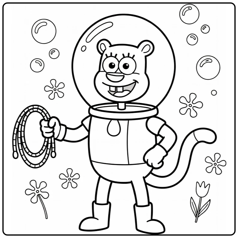 Sandy Cheeks Kleurplaat met lasso en bloemen