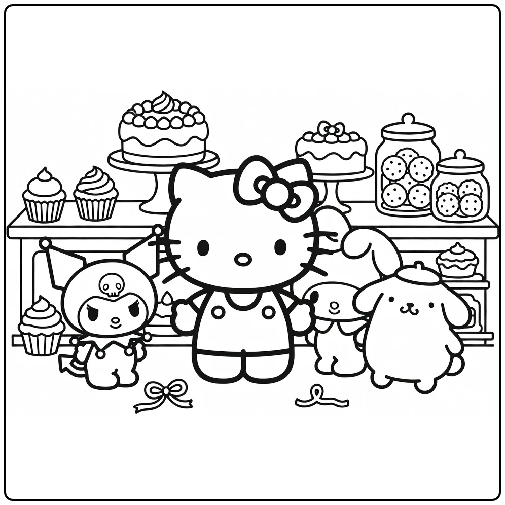 sanrio kleurplaat cute Hello Kitty in knusse bakkerij met Kuromi