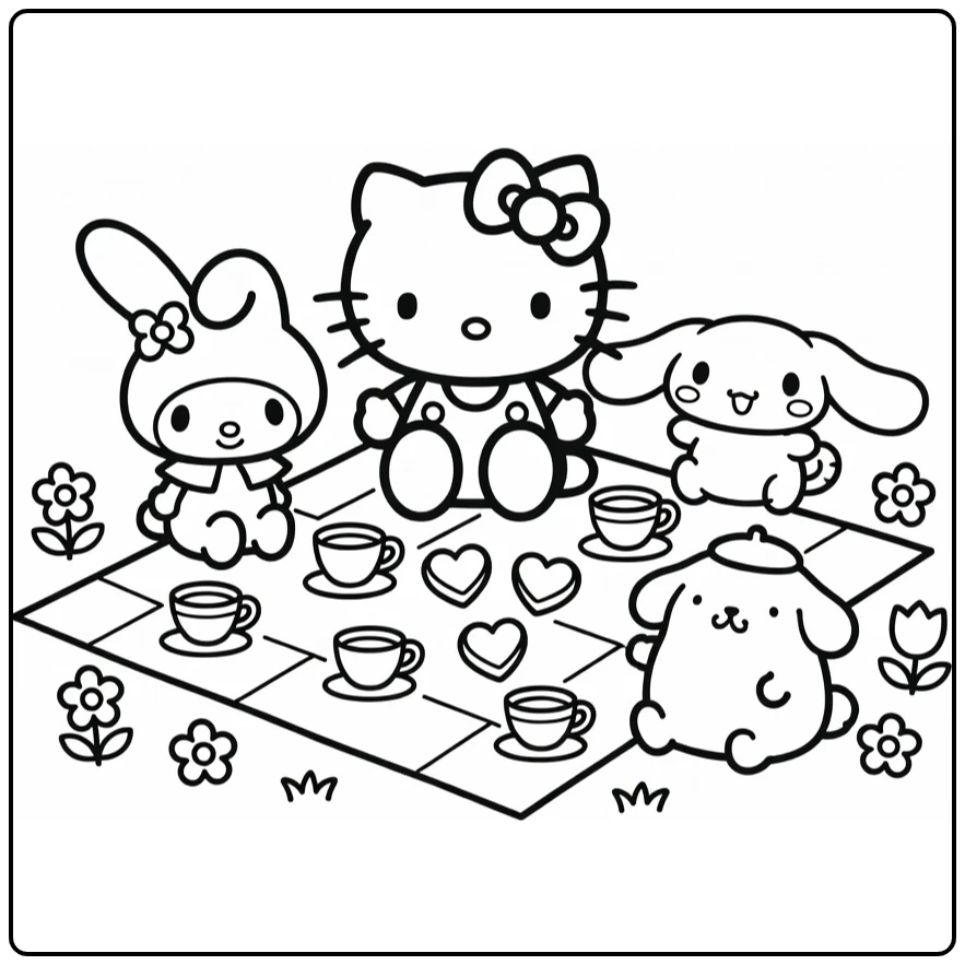 Sanrio kleurplaat cute: Hello Kitty picknick met My Melody