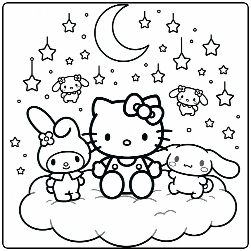 Sanrio kleurplaat Hello Kitty met My Melody & Cinnamoroll