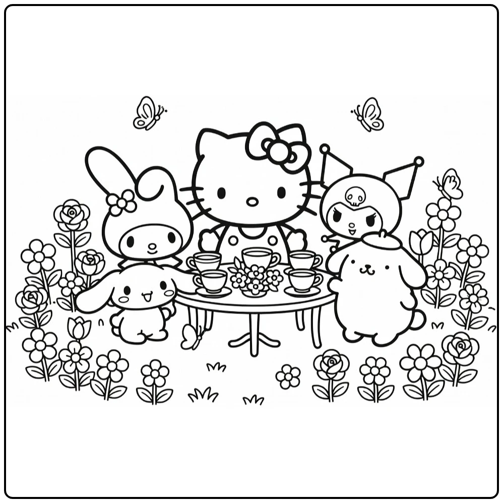 Sanrio kleurplaat Hello Kitty centraal met My Melody