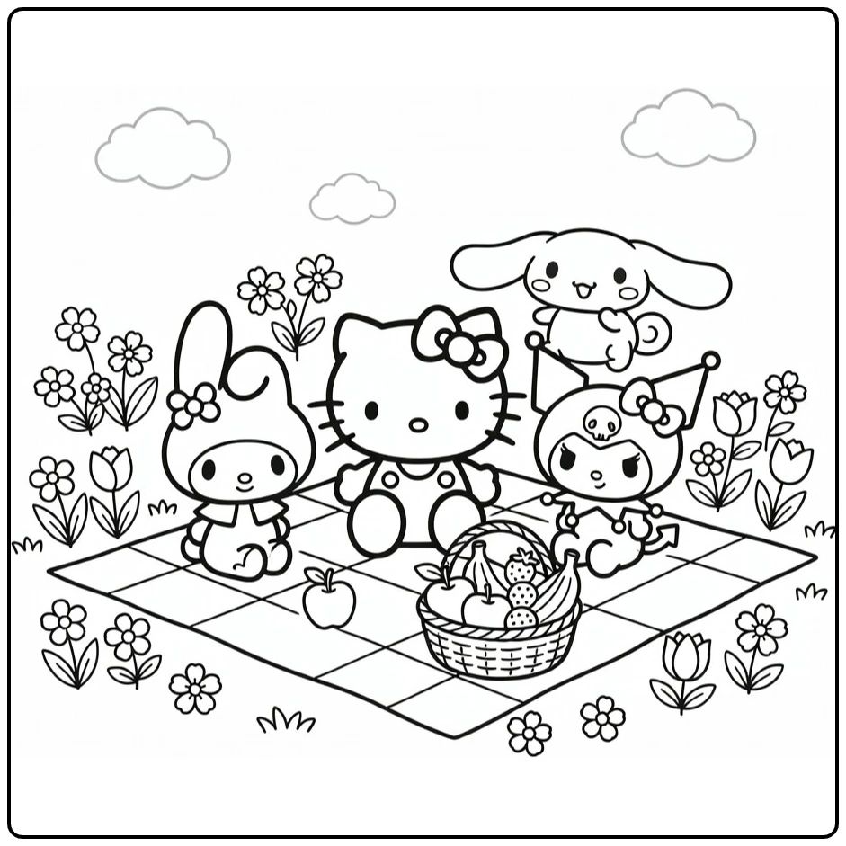 Sanrio kleurplaat Hello Kitty centraal met My Melody