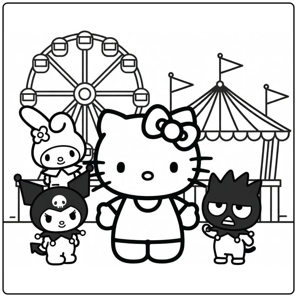 Sanrio kleurplaat Hello Kitty centraal met Kuromi My Melody