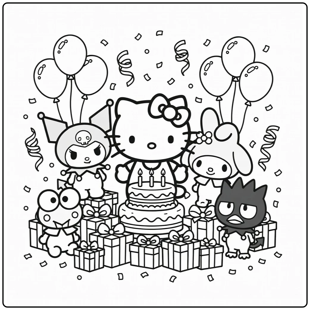 Sanrio kleurplaat Hello Kitty centraal met Kuromi My Melody