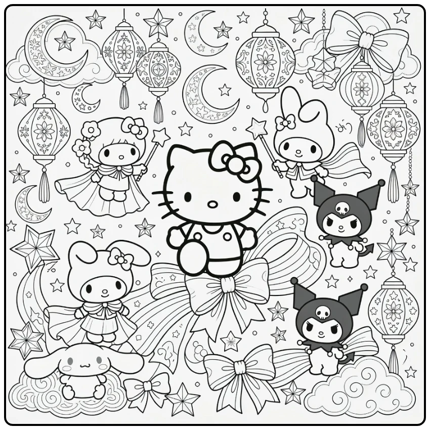 sanrio kleurplaat moeilijk Hello Kitty sterrenfestival