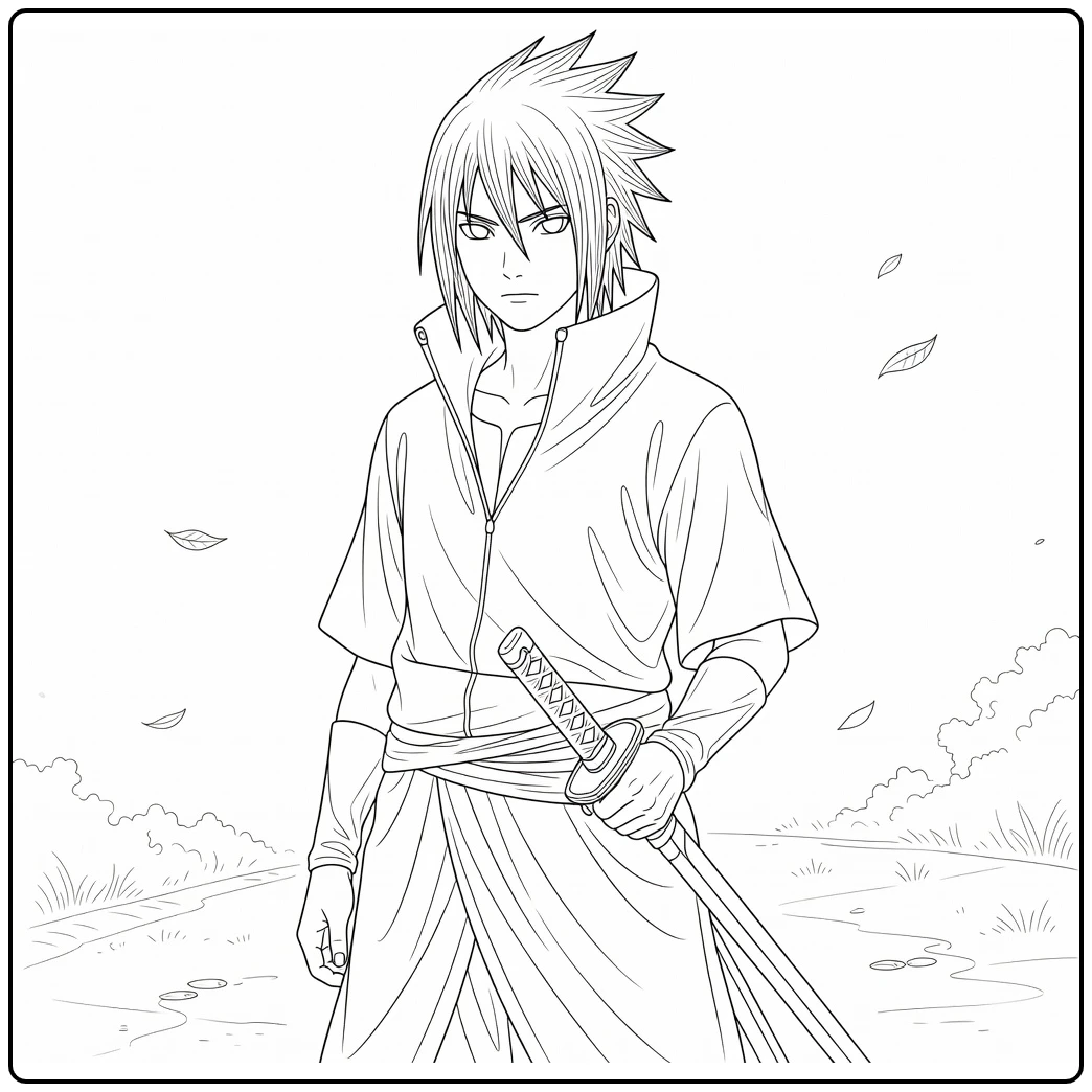 Sasuke Kleurplaat: Uchiha met zwaard, intense blik