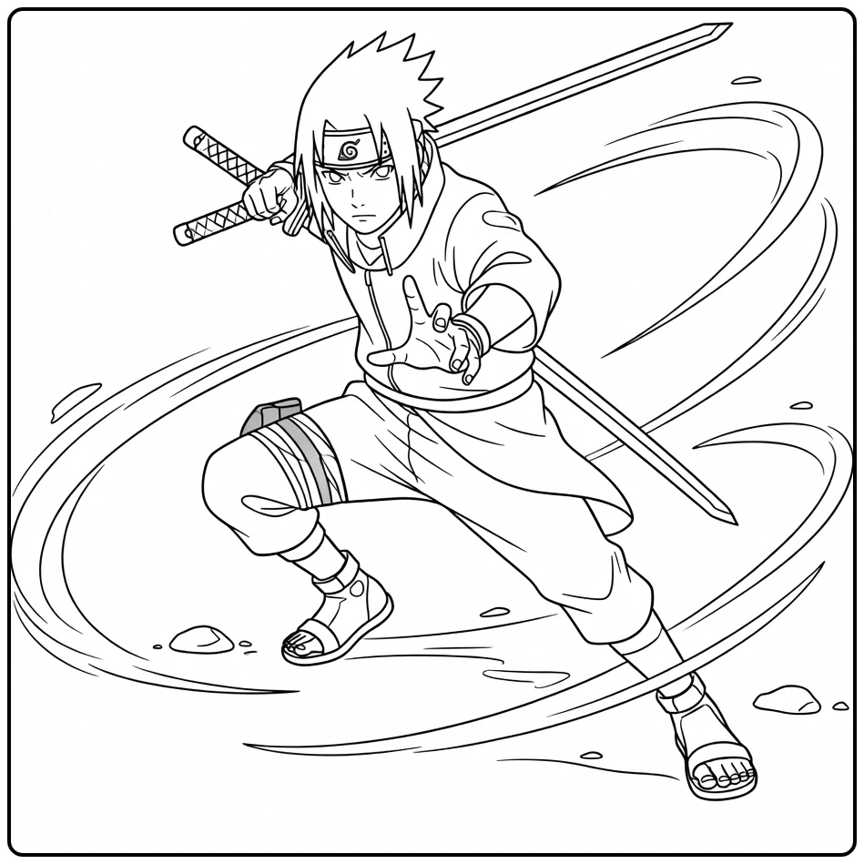 Sasuke Kleurplaat: Hurkende Sasuke Uchiha met zwaard vooruit