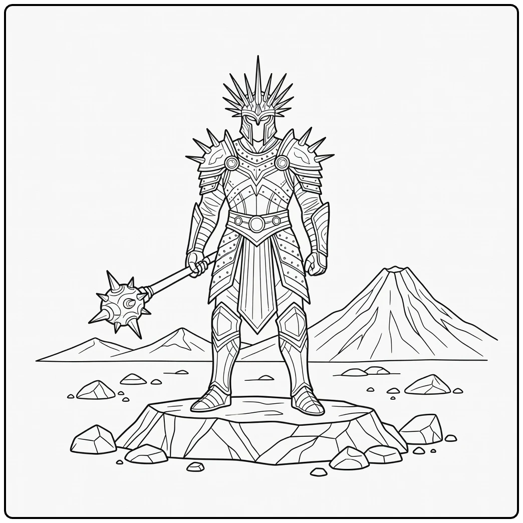 Sauron Kleurplaat: Sauron in pantser met knots op rots