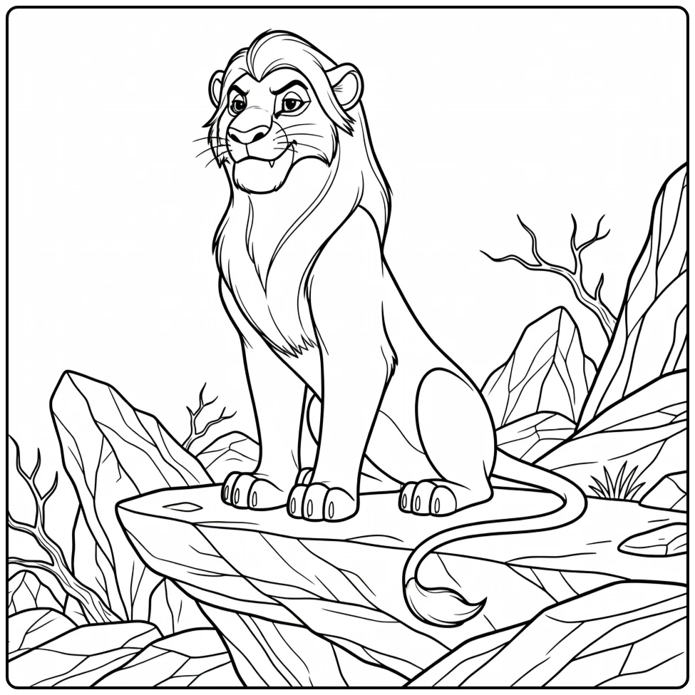 Scar kleurplaat: sluwe Scar op rotsrichel met gekrulde staart