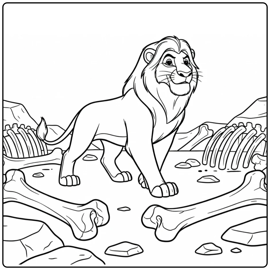 Scar kleurplaat: Scar sluipend door olifantenkerkhof met grijns