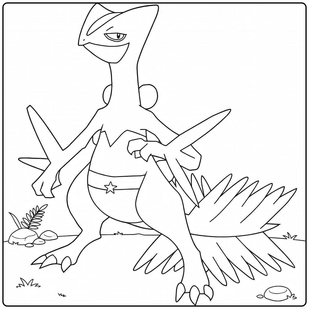Sceptile Kleurplaat: stoere Pokémon in actiepose met bladen