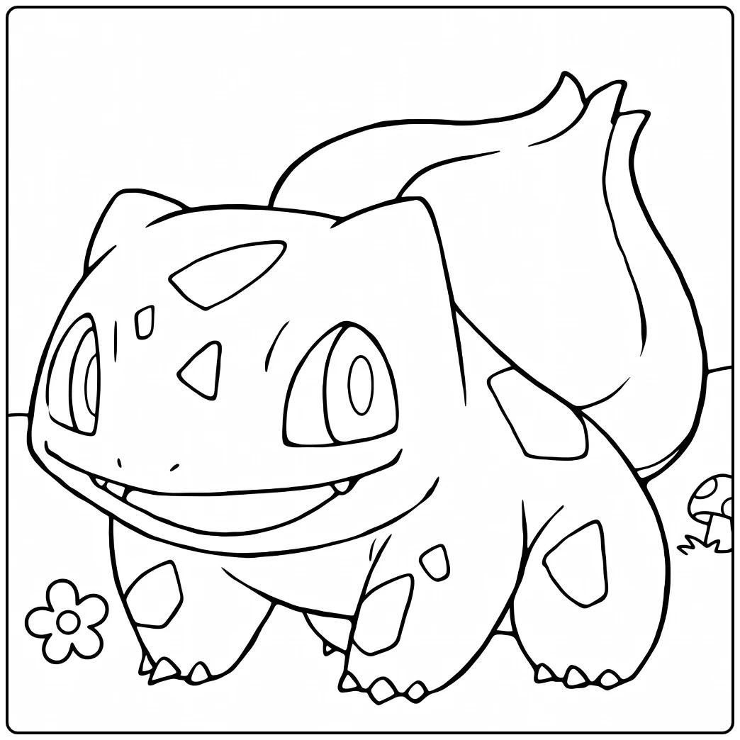 Bulbasaur Kleurplaat met bloem en paddenstoel