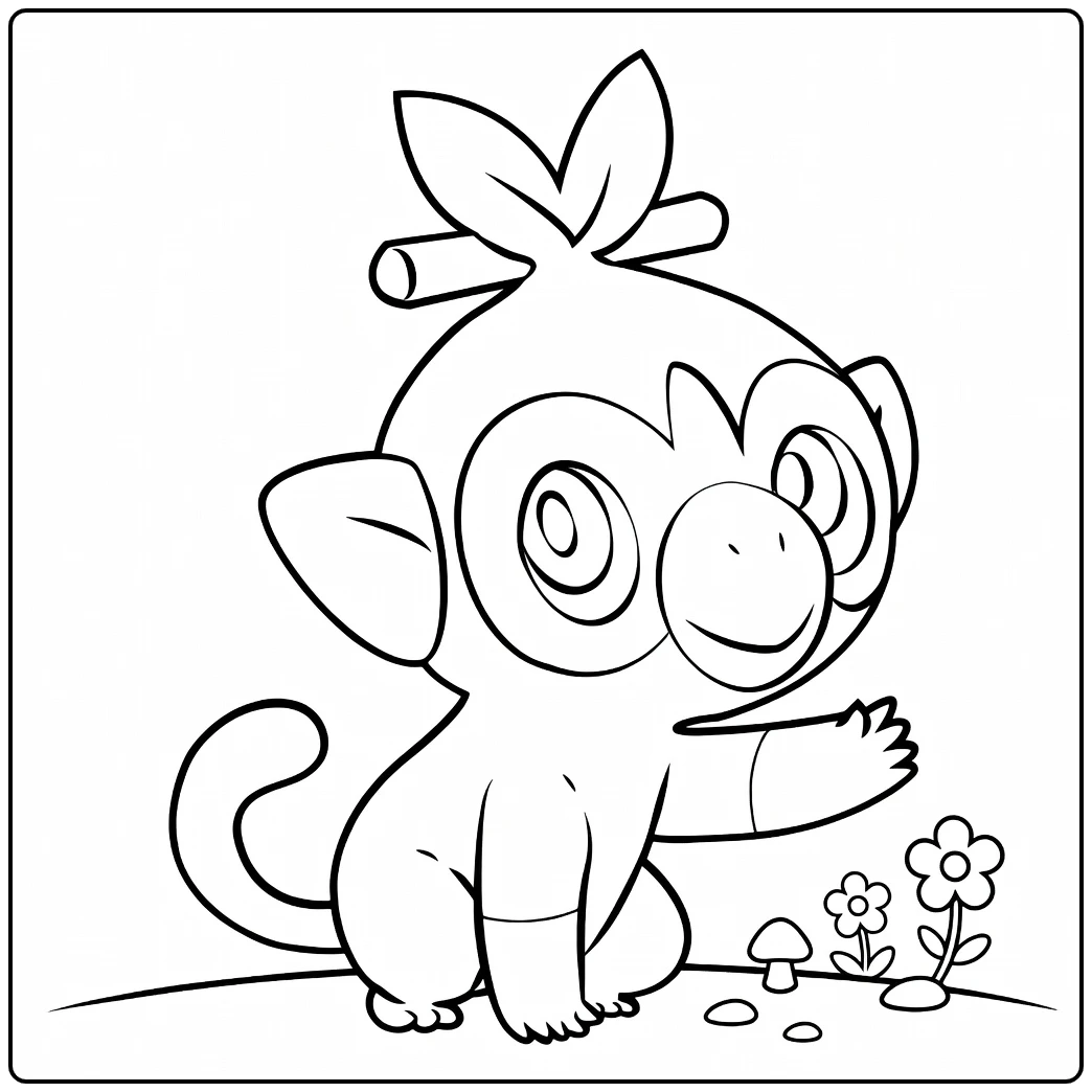 Grookey Kleurplaat met bloemen en paddenstoelen