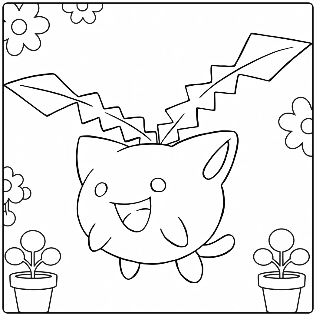 Hoppip Kleurplaat Pokémon met bloemen en potplanten