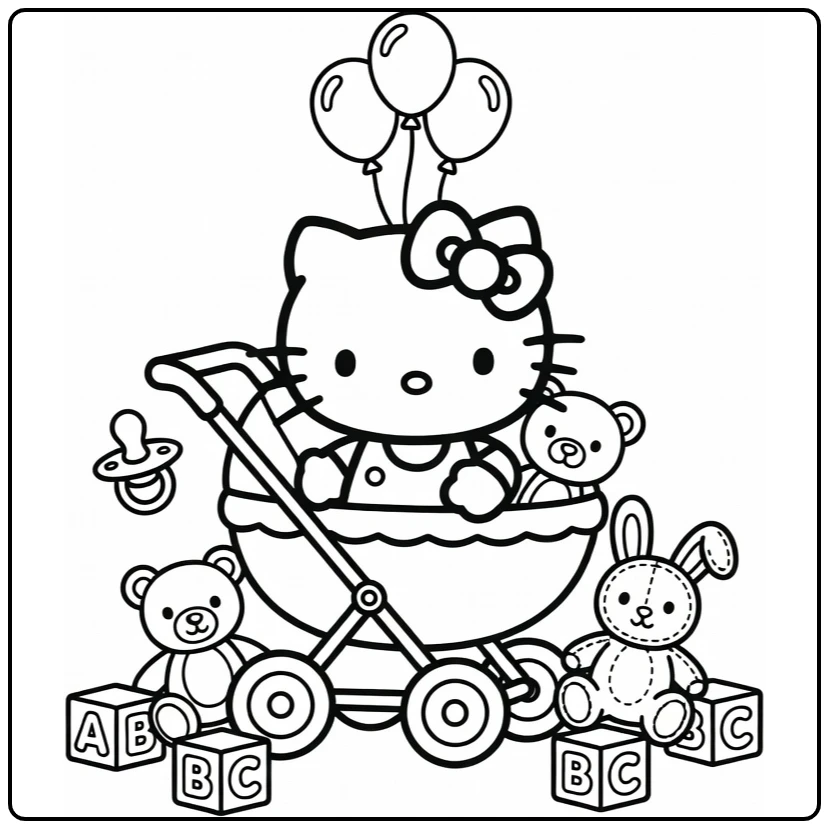 kleurplaat hello kitty baby in kinderwagen met speelgoed