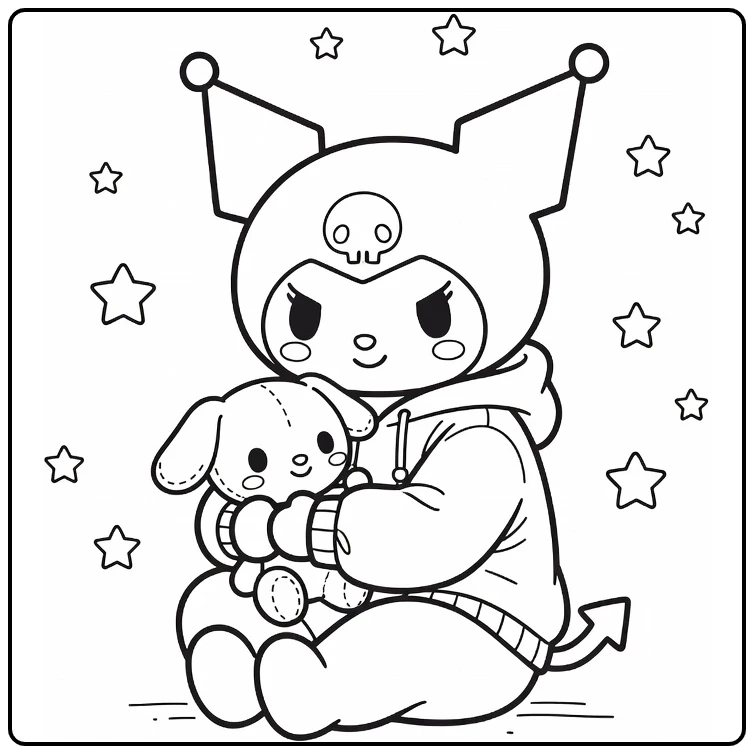 Kuromi cute kleurplaat in hoodie met knuffel en sterren