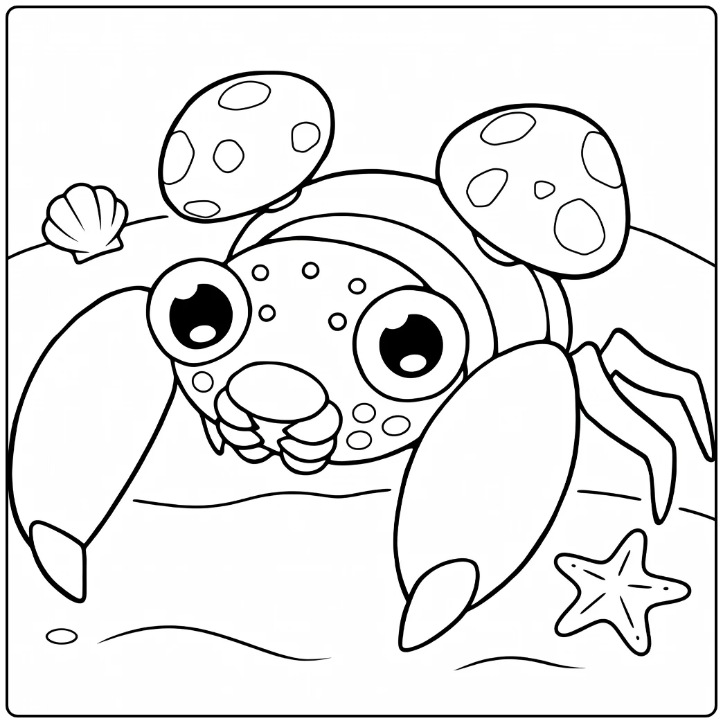 Paras Kleurplaat schattige krab met paddenstoelen op strand