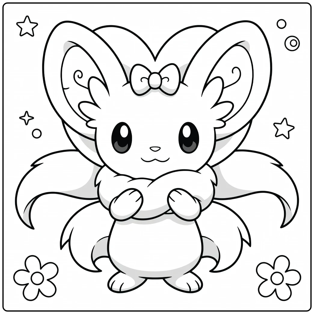 Pokemon Cinccino kleurplaat met strik, bloemen en sterren