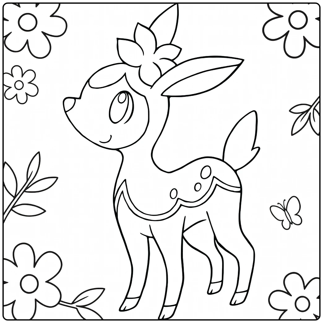 Pokemon Deerling kleurplaat met bloemen en vlinder