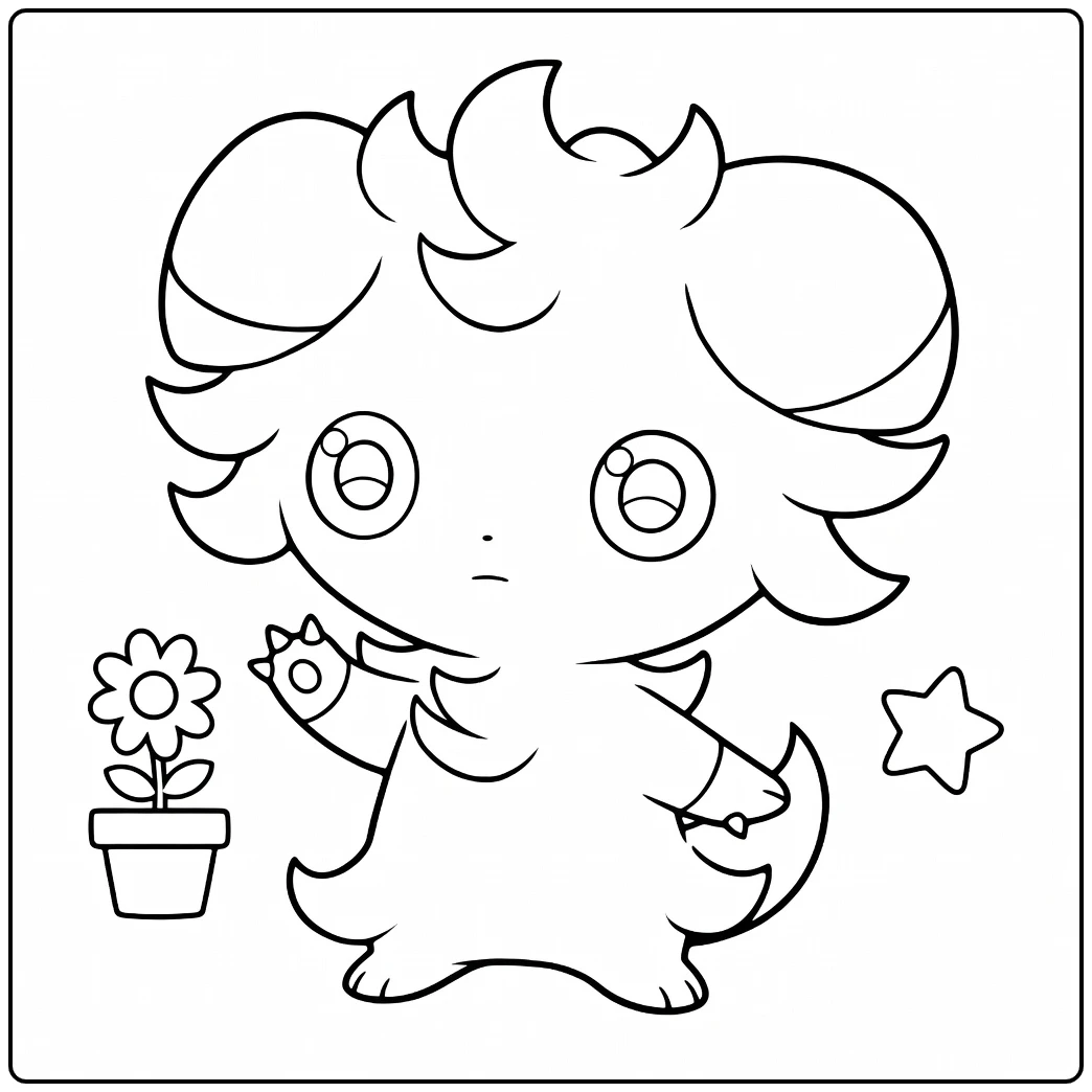 Pokemon Espurr kleurplaat met bloem in potje en ster