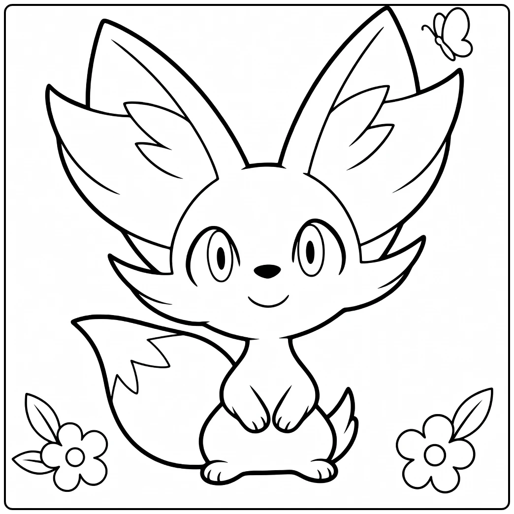 Pokemon Fennekin kleurplaat met vlinder en bloemen