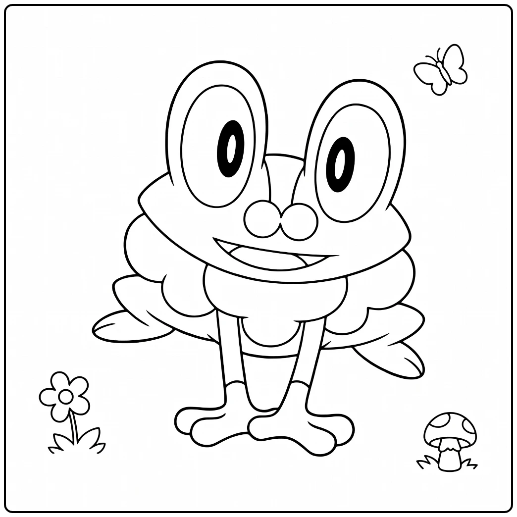 Pokemon Froakie kleurplaat met vlinder en paddenstoel